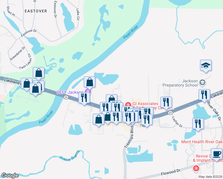 map of restaurants, bars, coffee shops, grocery stores, and more near 150 Park Circle Drive in Flowood