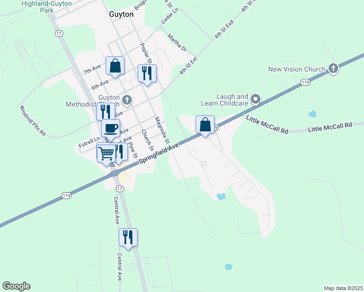 map of restaurants, bars, coffee shops, grocery stores, and more near 408 Springfield Avenue in Guyton