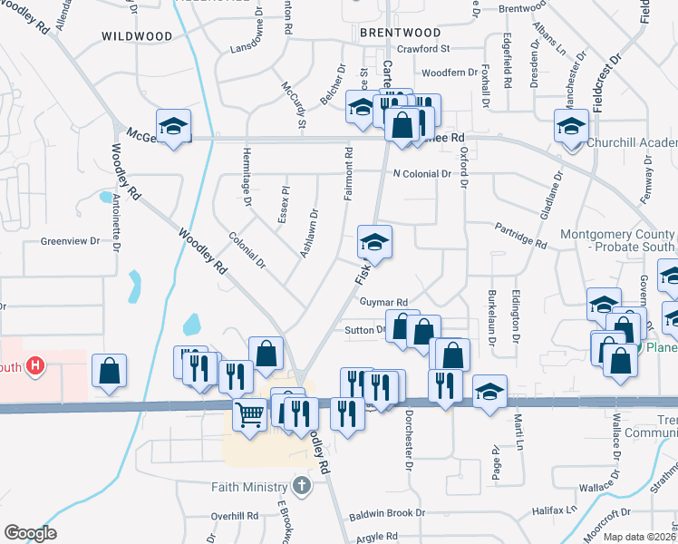 map of restaurants, bars, coffee shops, grocery stores, and more near 2709 Fairmont Road in Montgomery
