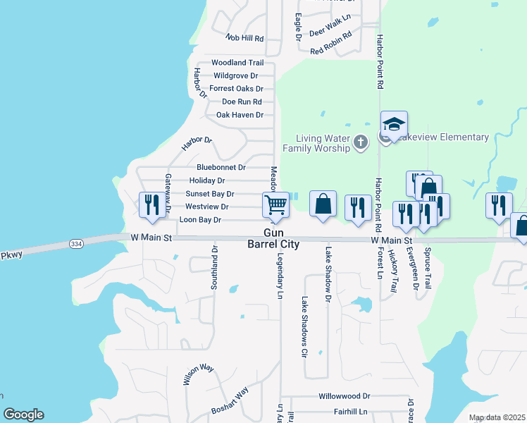 map of restaurants, bars, coffee shops, grocery stores, and more near 154 Westview Drive in Gun Barrel City