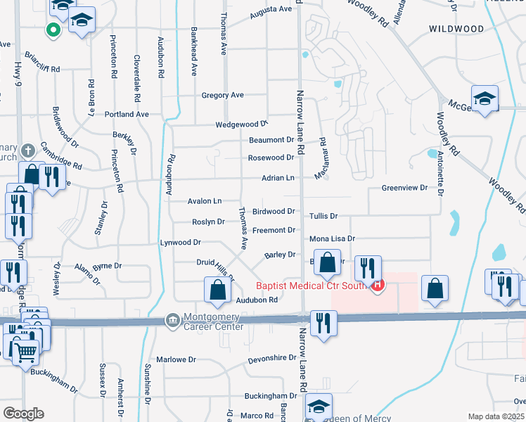 map of restaurants, bars, coffee shops, grocery stores, and more near 1198 Birdwood Ct in Montgomery
