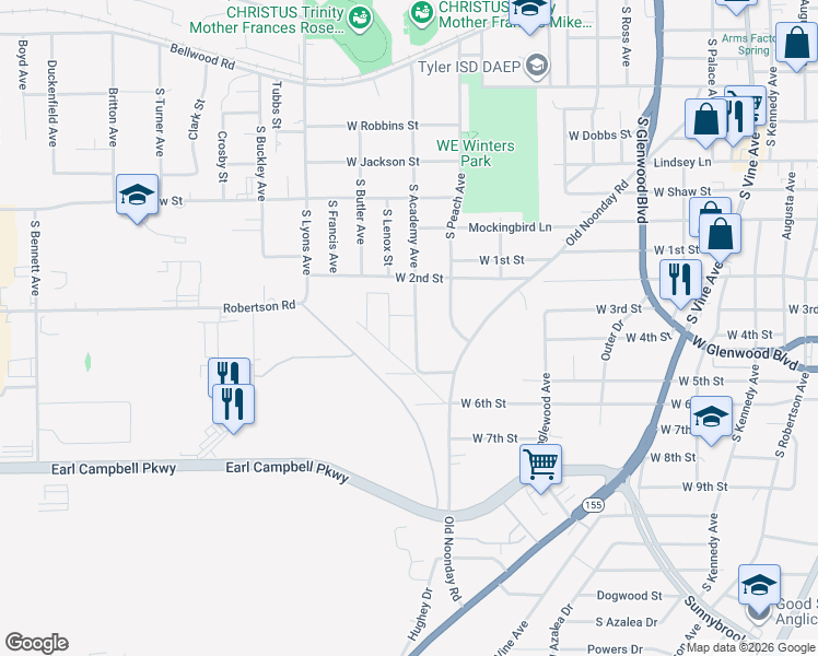 map of restaurants, bars, coffee shops, grocery stores, and more near 1509 South Academy Avenue in Tyler