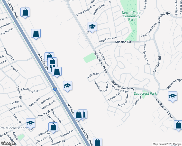 map of restaurants, bars, coffee shops, grocery stores, and more near 2231 Dakota Drive in Las Cruces