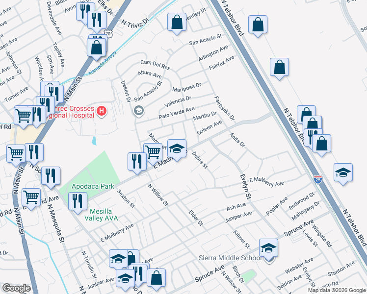 map of restaurants, bars, coffee shops, grocery stores, and more near 1655 East Madrid Avenue in Las Cruces