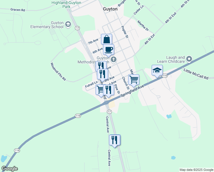 map of restaurants, bars, coffee shops, grocery stores, and more near 202 Central Boulevard in Guyton