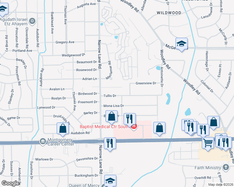 map of restaurants, bars, coffee shops, grocery stores, and more near 2041 Tullis Drive in Montgomery