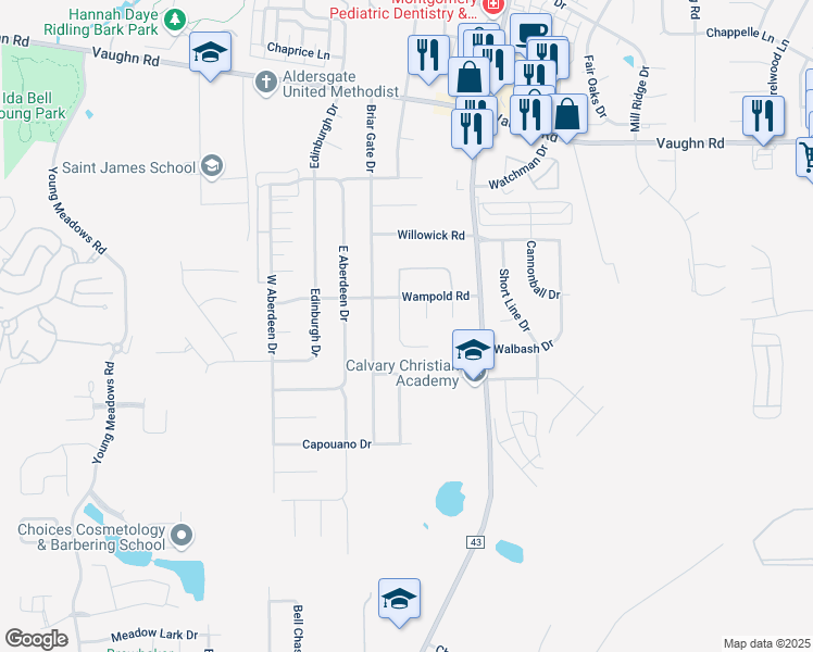 map of restaurants, bars, coffee shops, grocery stores, and more near 2213 South Sutherland Drive in Montgomery