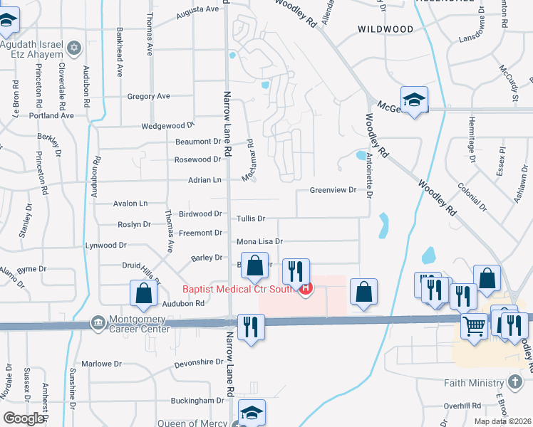 map of restaurants, bars, coffee shops, grocery stores, and more near 2041 Tullis Drive in Montgomery