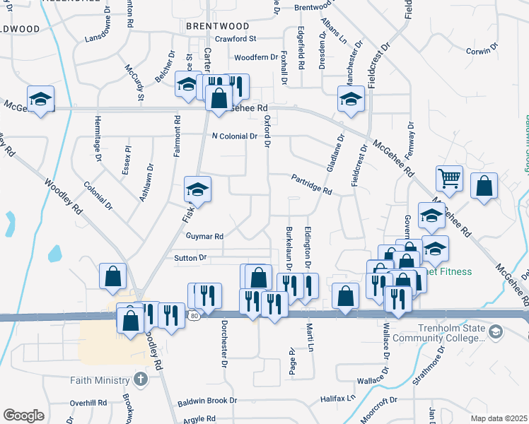 map of restaurants, bars, coffee shops, grocery stores, and more near 2612 Oxford Drive in Montgomery