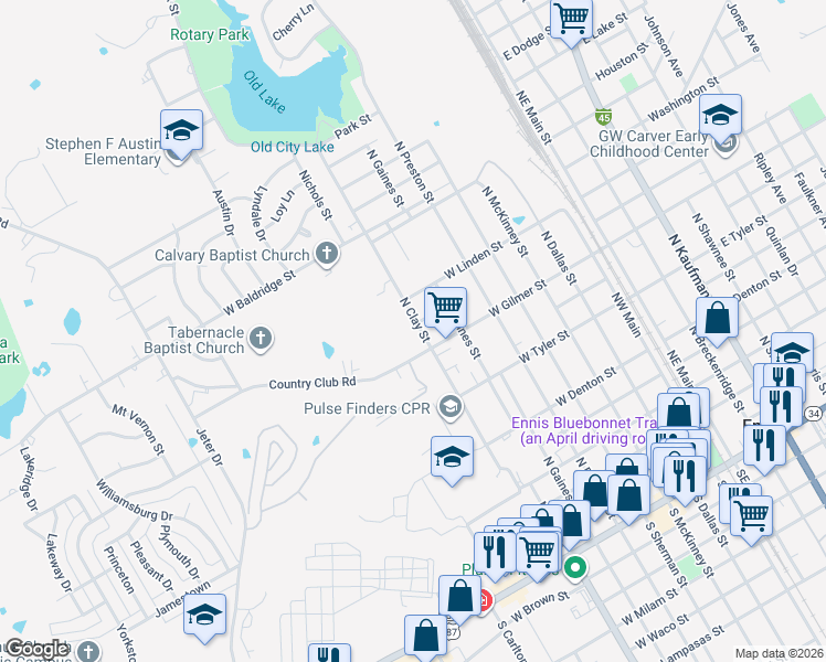 map of restaurants, bars, coffee shops, grocery stores, and more near 1007 North Clay Street in Ennis