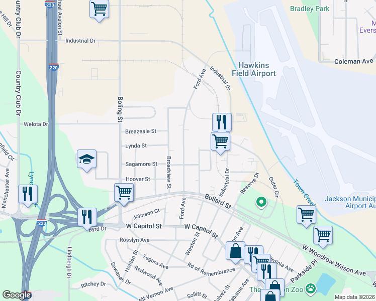 map of restaurants, bars, coffee shops, grocery stores, and more near 332 Ford Ave in Jackson
