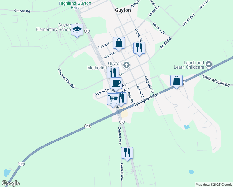 map of restaurants, bars, coffee shops, grocery stores, and more near 202 Central Boulevard in Guyton
