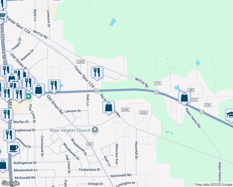 map of restaurants, bars, coffee shops, grocery stores, and more near 8942 State Highway 64 in Tyler
