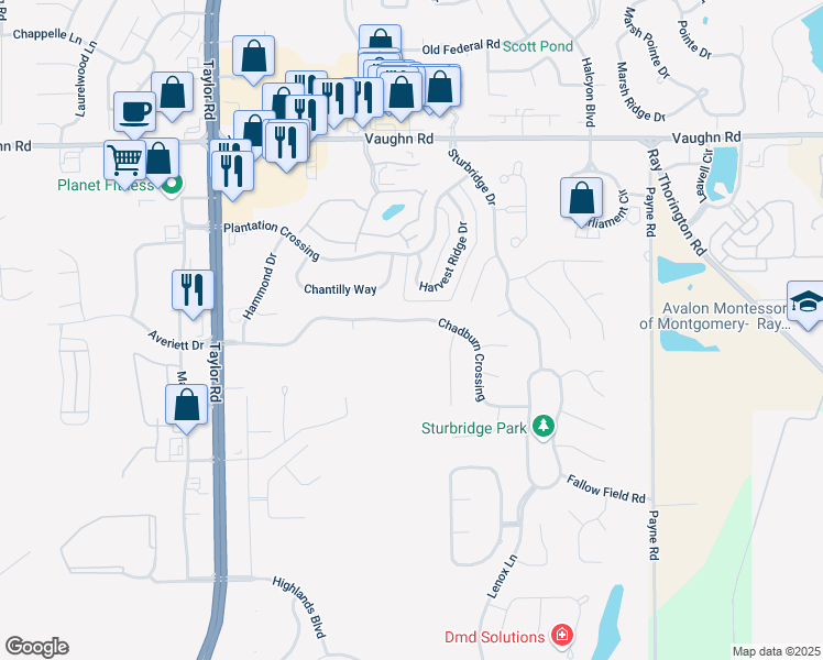 map of restaurants, bars, coffee shops, grocery stores, and more near 8337 Chadburn Crossing in Montgomery