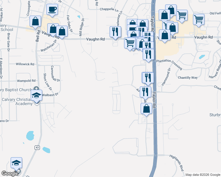 map of restaurants, bars, coffee shops, grocery stores, and more near 3500 Claiborne Cir in Montgomery