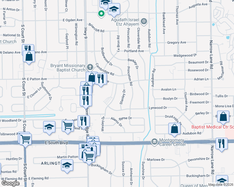 map of restaurants, bars, coffee shops, grocery stores, and more near 3709 Wesley Drive in Montgomery