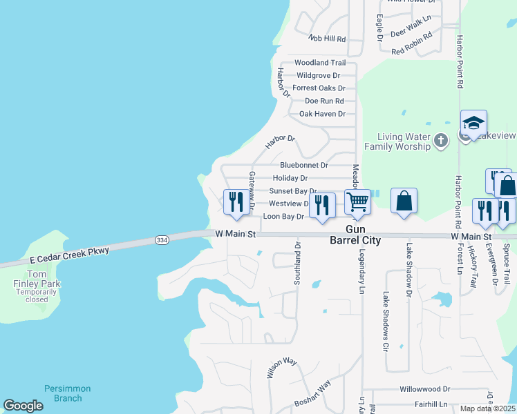 map of restaurants, bars, coffee shops, grocery stores, and more near 172 Loon Bay Drive in Gun Barrel City