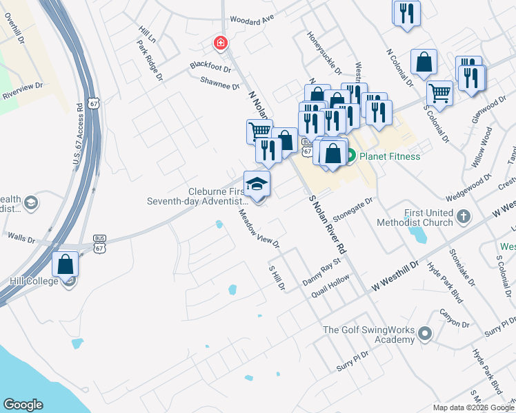map of restaurants, bars, coffee shops, grocery stores, and more near 111 Meadow View Drive in Cleburne