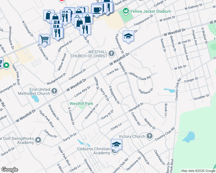 map of restaurants, bars, coffee shops, grocery stores, and more near 816 South Ridgeway Drive in Cleburne