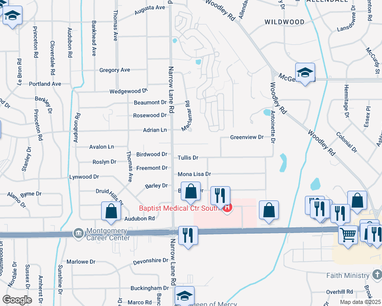 map of restaurants, bars, coffee shops, grocery stores, and more near 2041 Tullis Drive in Montgomery