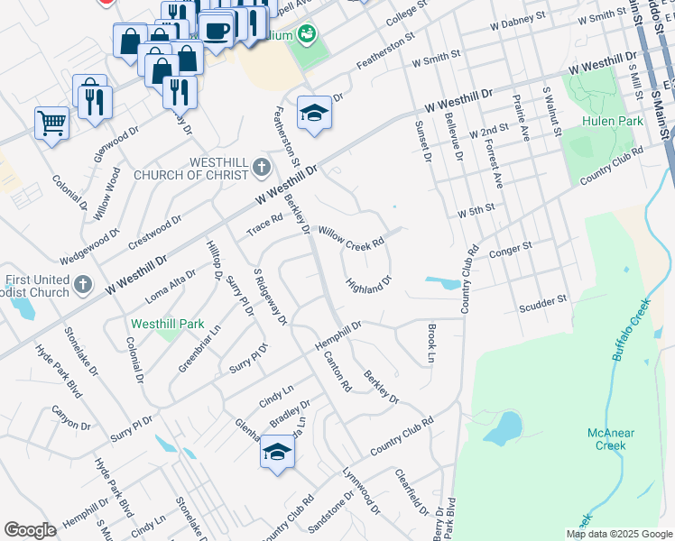 map of restaurants, bars, coffee shops, grocery stores, and more near 906 Highland Dr in Cleburne