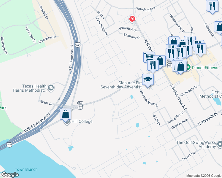 map of restaurants, bars, coffee shops, grocery stores, and more near 1912 West Henderson Street in Cleburne