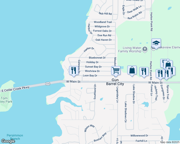 map of restaurants, bars, coffee shops, grocery stores, and more near 154 Westview Drive in Gun Barrel City