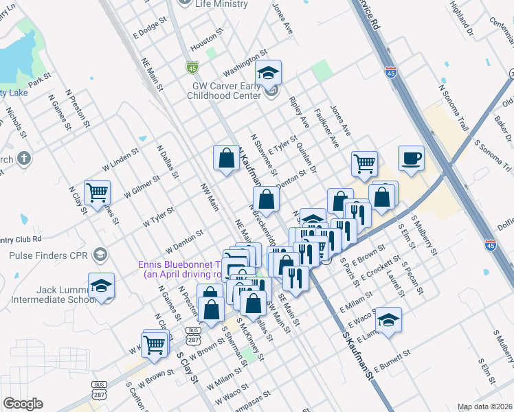 map of restaurants, bars, coffee shops, grocery stores, and more near 505 North Kaufman Street in Ennis
