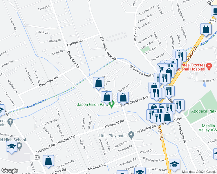 map of restaurants, bars, coffee shops, grocery stores, and more near 324 Terry Dr in Las Cruces