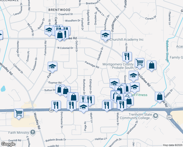 map of restaurants, bars, coffee shops, grocery stores, and more near 2626 Gladlane Drive in Montgomery
