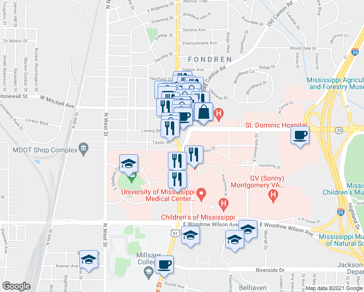 map of restaurants, bars, coffee shops, grocery stores, and more near 2600 U.S. 51 in Jackson