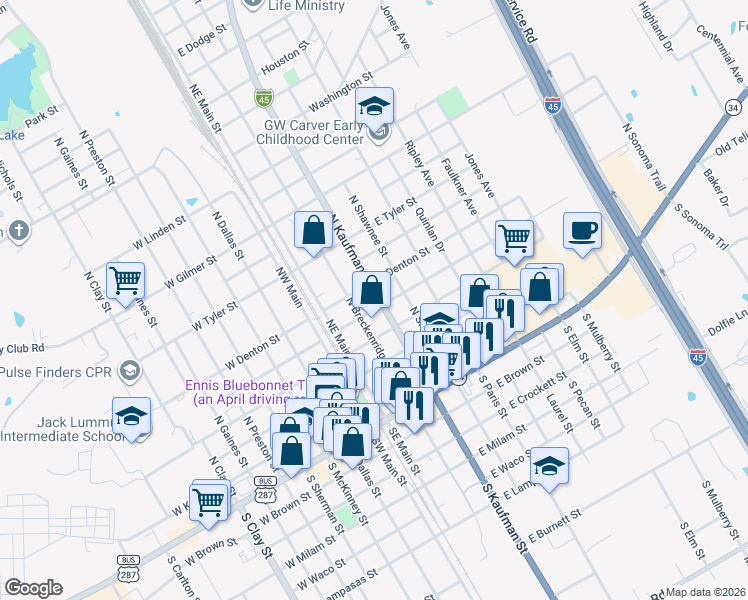 map of restaurants, bars, coffee shops, grocery stores, and more near 505 North Kaufman Street in Ennis