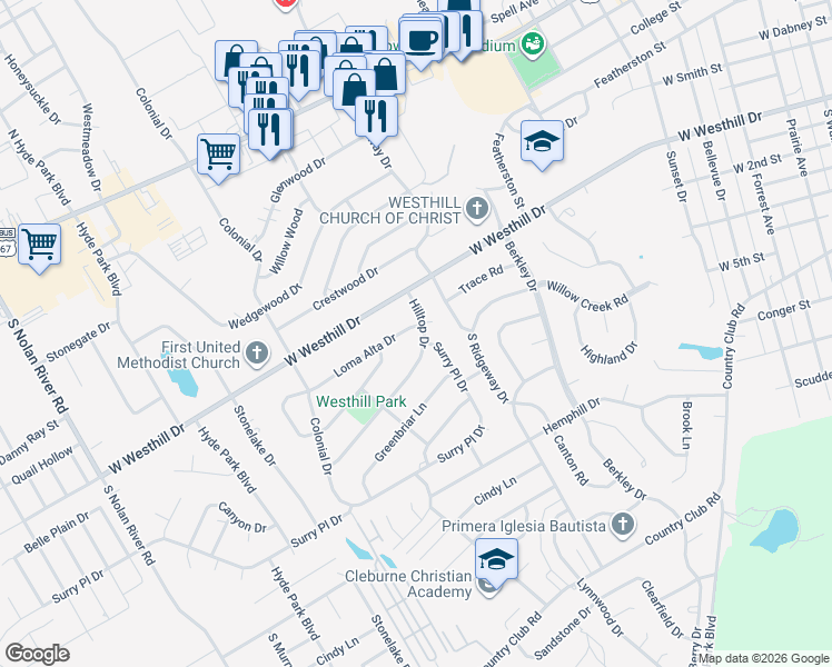 map of restaurants, bars, coffee shops, grocery stores, and more near 1206 Hilltop Drive in Cleburne