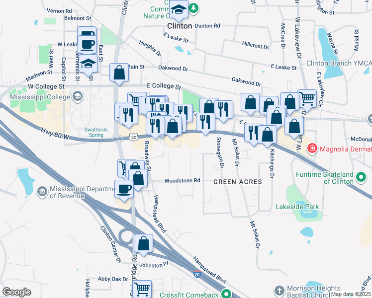 map of restaurants, bars, coffee shops, grocery stores, and more near 121 Woodstone Place in Clinton