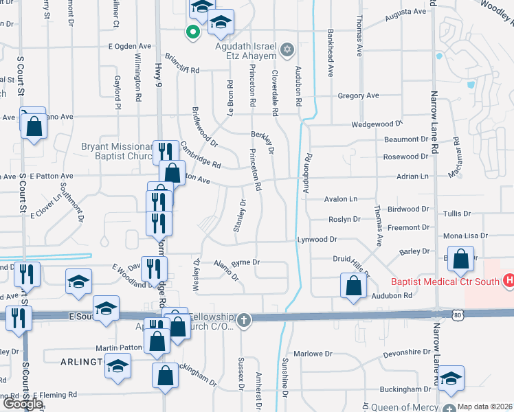 map of restaurants, bars, coffee shops, grocery stores, and more near 3718 Princeton Road in Montgomery