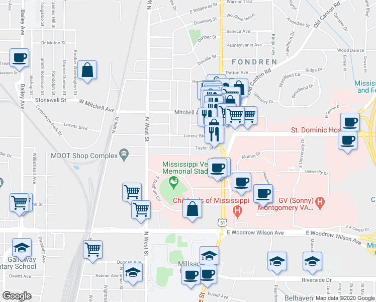 map of restaurants, bars, coffee shops, grocery stores, and more near 427 Taylor St in Jackson
