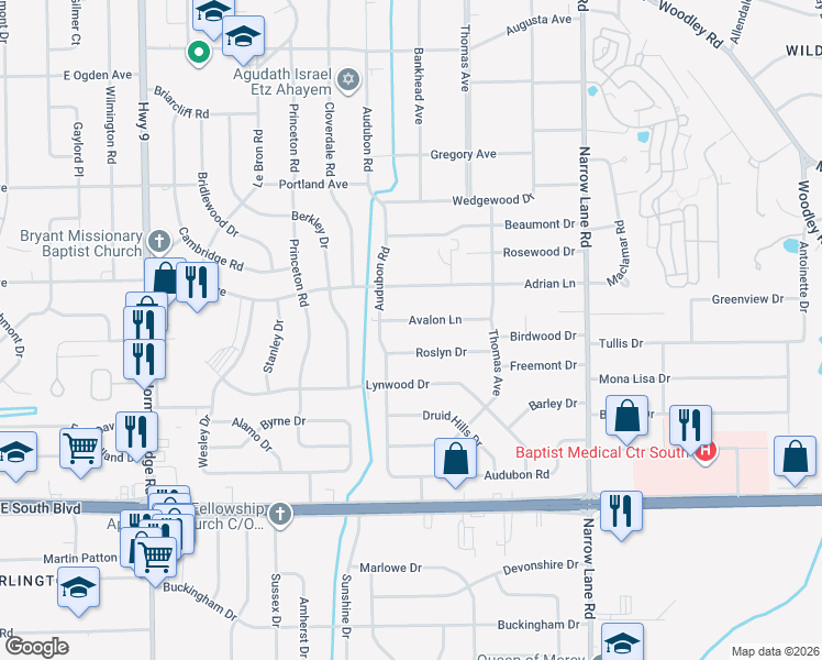 map of restaurants, bars, coffee shops, grocery stores, and more near 1324 Avalon Ln in Montgomery