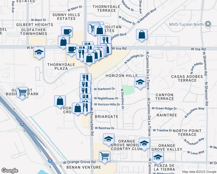 map of restaurants, bars, coffee shops, grocery stores, and more near 6911 North Eclipse Place in Tucson
