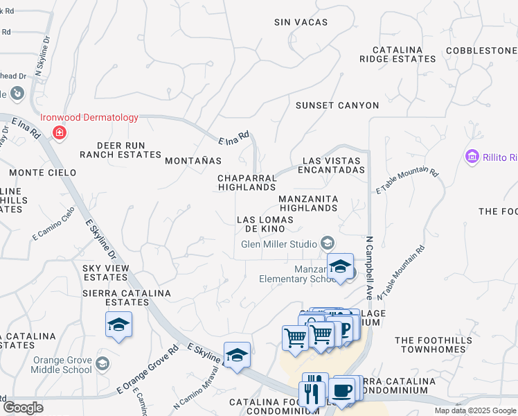 map of restaurants, bars, coffee shops, grocery stores, and more near 6911 North Ozona Drive in Tucson