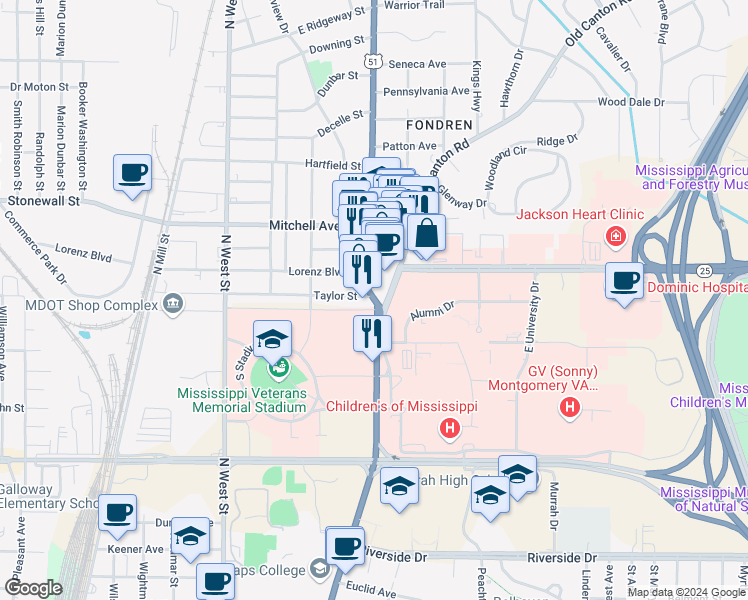 map of restaurants, bars, coffee shops, grocery stores, and more near 2600 U.S. 51 in Jackson