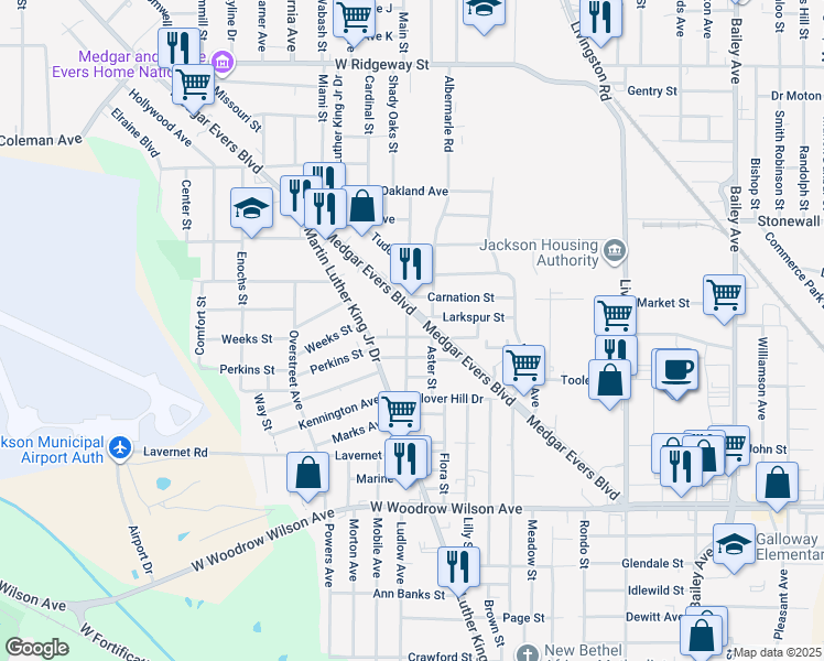 map of restaurants, bars, coffee shops, grocery stores, and more near 3108 Pocahontas Avenue in Jackson