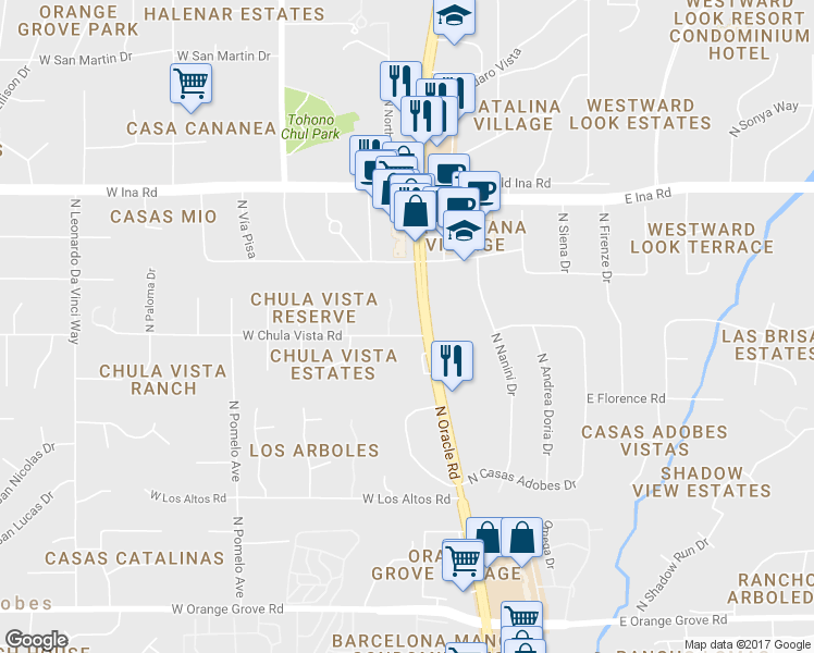 map of restaurants, bars, coffee shops, grocery stores, and more near 6902 North Orange Grove Circle in Tucson