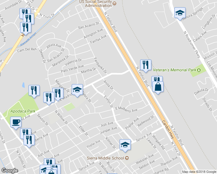 map of restaurants, bars, coffee shops, grocery stores, and more near 2024 Anita Drive in Las Cruces