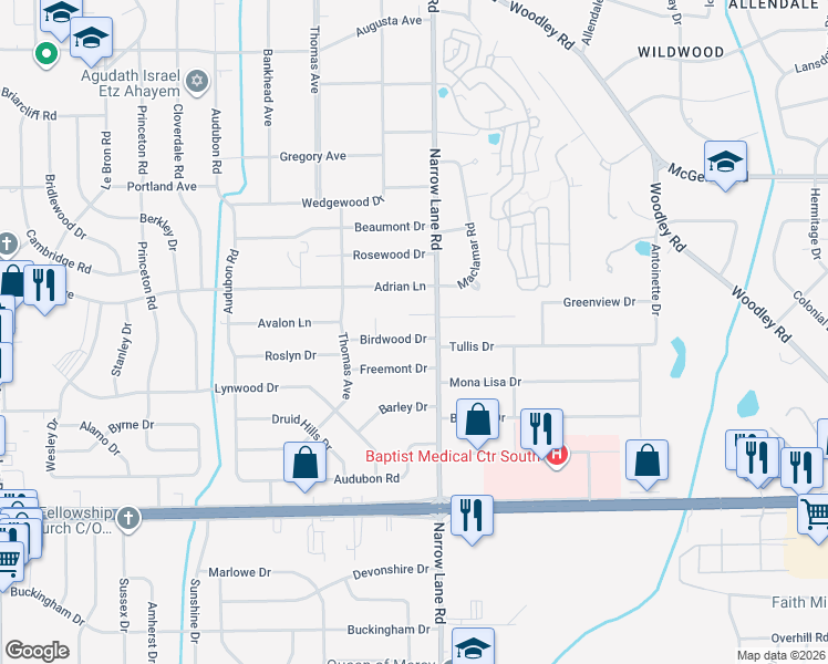 map of restaurants, bars, coffee shops, grocery stores, and more near 1161 Birdwood Drive in Montgomery
