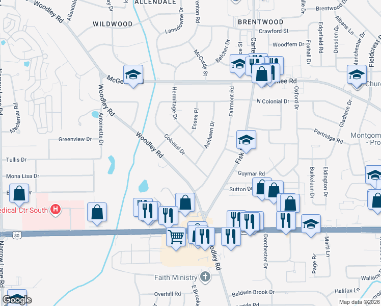 map of restaurants, bars, coffee shops, grocery stores, and more near 2837 Colonial Drive in Montgomery