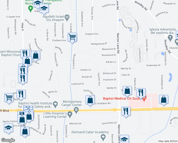 map of restaurants, bars, coffee shops, grocery stores, and more near 1364 Avalon Lane in Montgomery