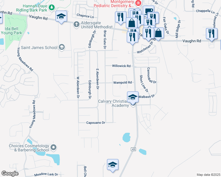 map of restaurants, bars, coffee shops, grocery stores, and more near 2213 South Sutherland Drive in Montgomery