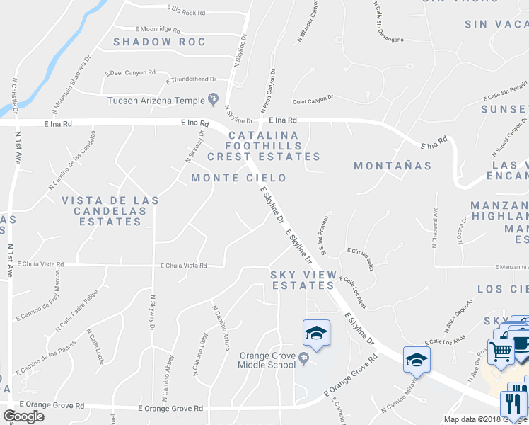 map of restaurants, bars, coffee shops, grocery stores, and more near 1795 East Camino Cielo in Tucson