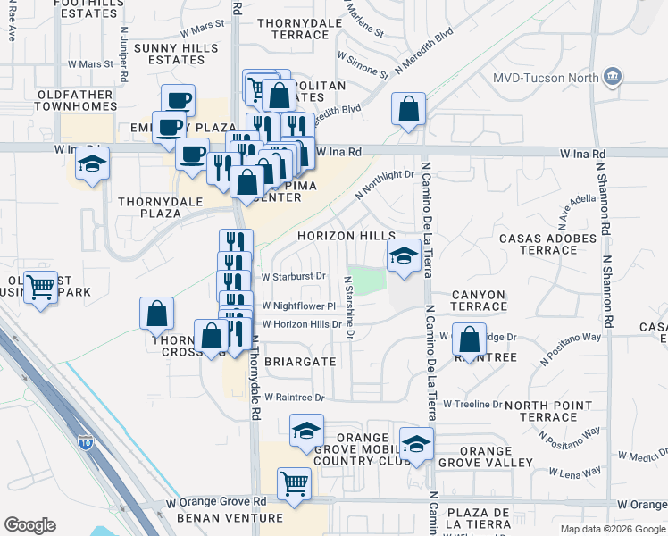 map of restaurants, bars, coffee shops, grocery stores, and more near 6916 North Galaxy Place in Tucson