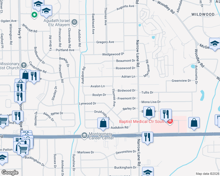 map of restaurants, bars, coffee shops, grocery stores, and more near 3726-3738 Thomas Avenue in Montgomery